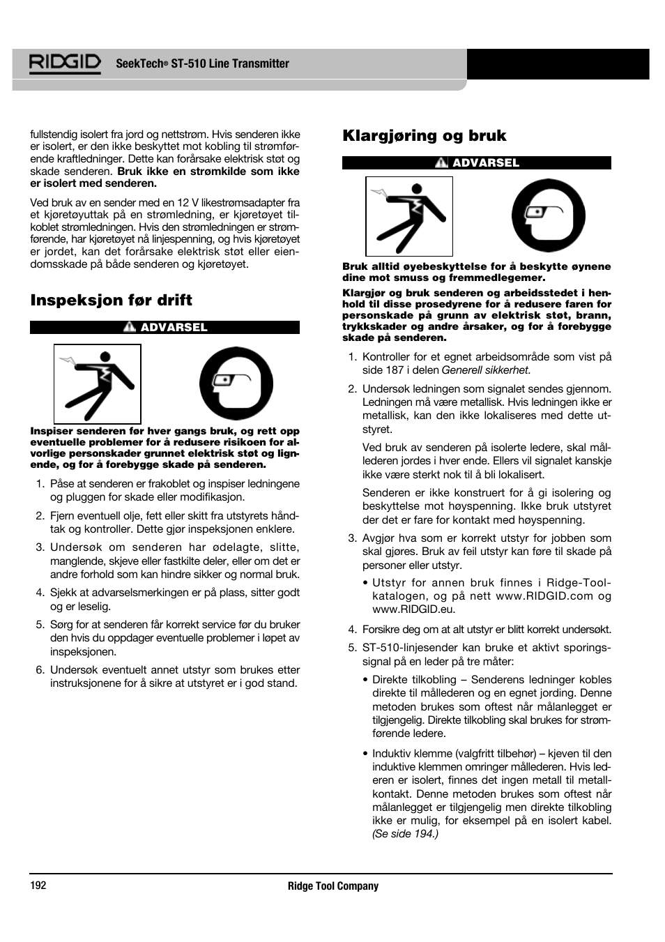 Inspeksjon før drift, Klargjøring og bruk | RIDGID SeekTech ST-510 User Manual | Page 194 / 403