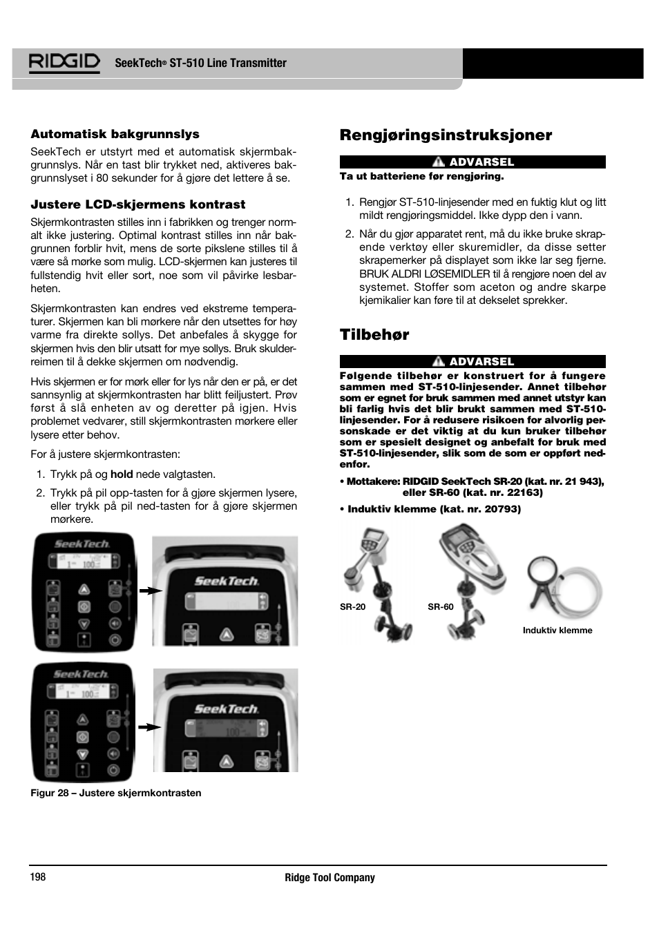 Rengjøringsinstruksjoner, Tilbehør | RIDGID SeekTech ST-510 User Manual | Page 200 / 403