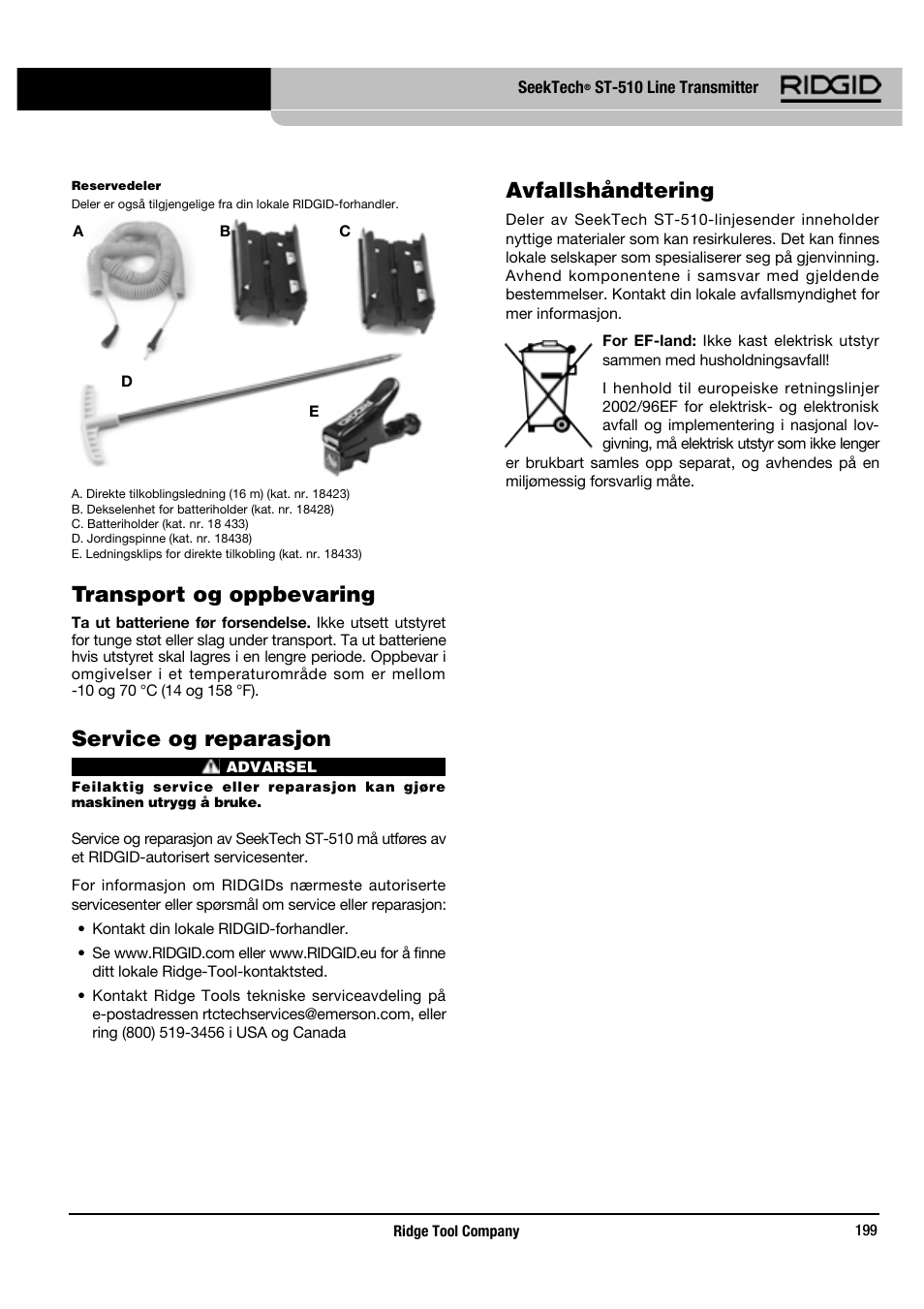 Transport og oppbevaring, Service og reparasjon, Avfallshåndtering | RIDGID SeekTech ST-510 User Manual | Page 201 / 403