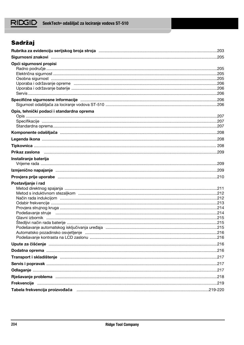 Sadržaj | RIDGID SeekTech ST-510 User Manual | Page 206 / 403