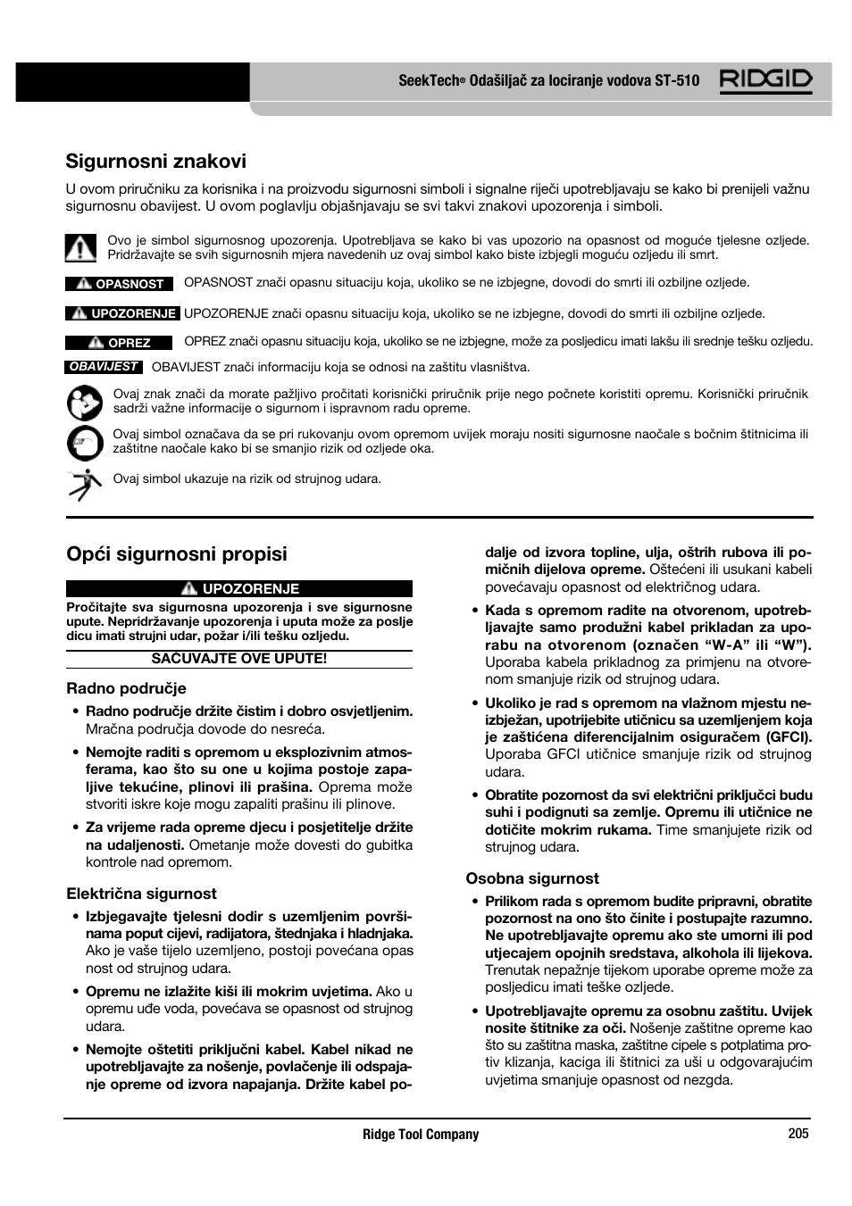 Opći sigurnosni propisi, Sigurnosni znakovi | RIDGID SeekTech ST-510 User Manual | Page 207 / 403