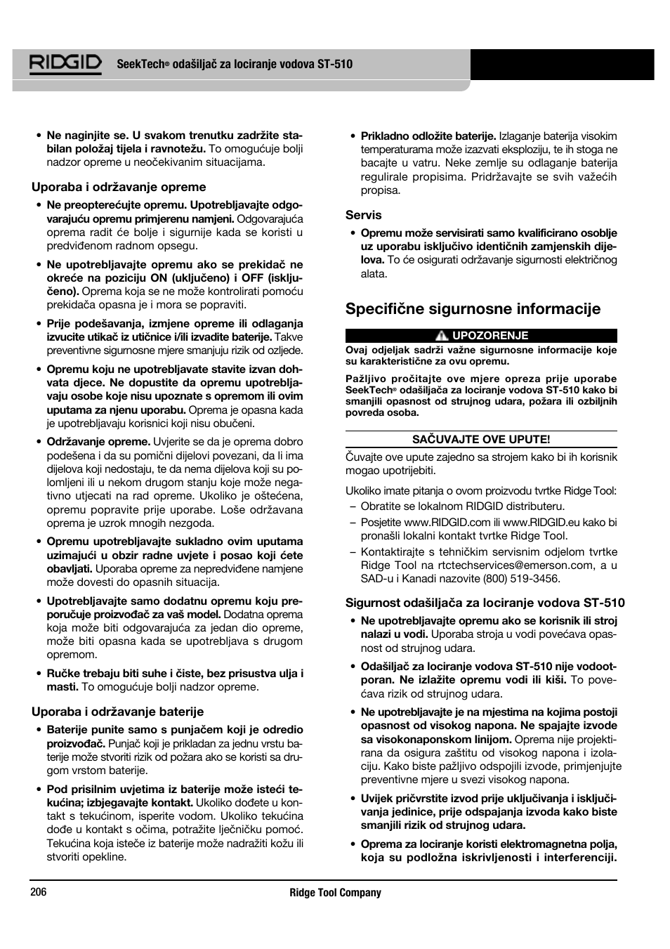 Specifične sigurnosne informacije | RIDGID SeekTech ST-510 User Manual | Page 208 / 403