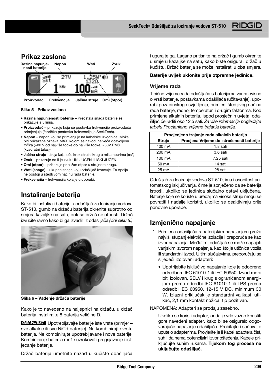 Instaliranje baterija, Izmjenično napajanje, Prikaz zaslona | RIDGID SeekTech ST-510 User Manual | Page 211 / 403