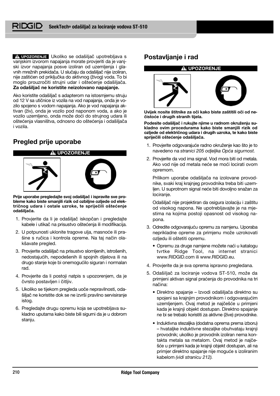 Pregled prije uporabe, Postavljanje i rad | RIDGID SeekTech ST-510 User Manual | Page 212 / 403