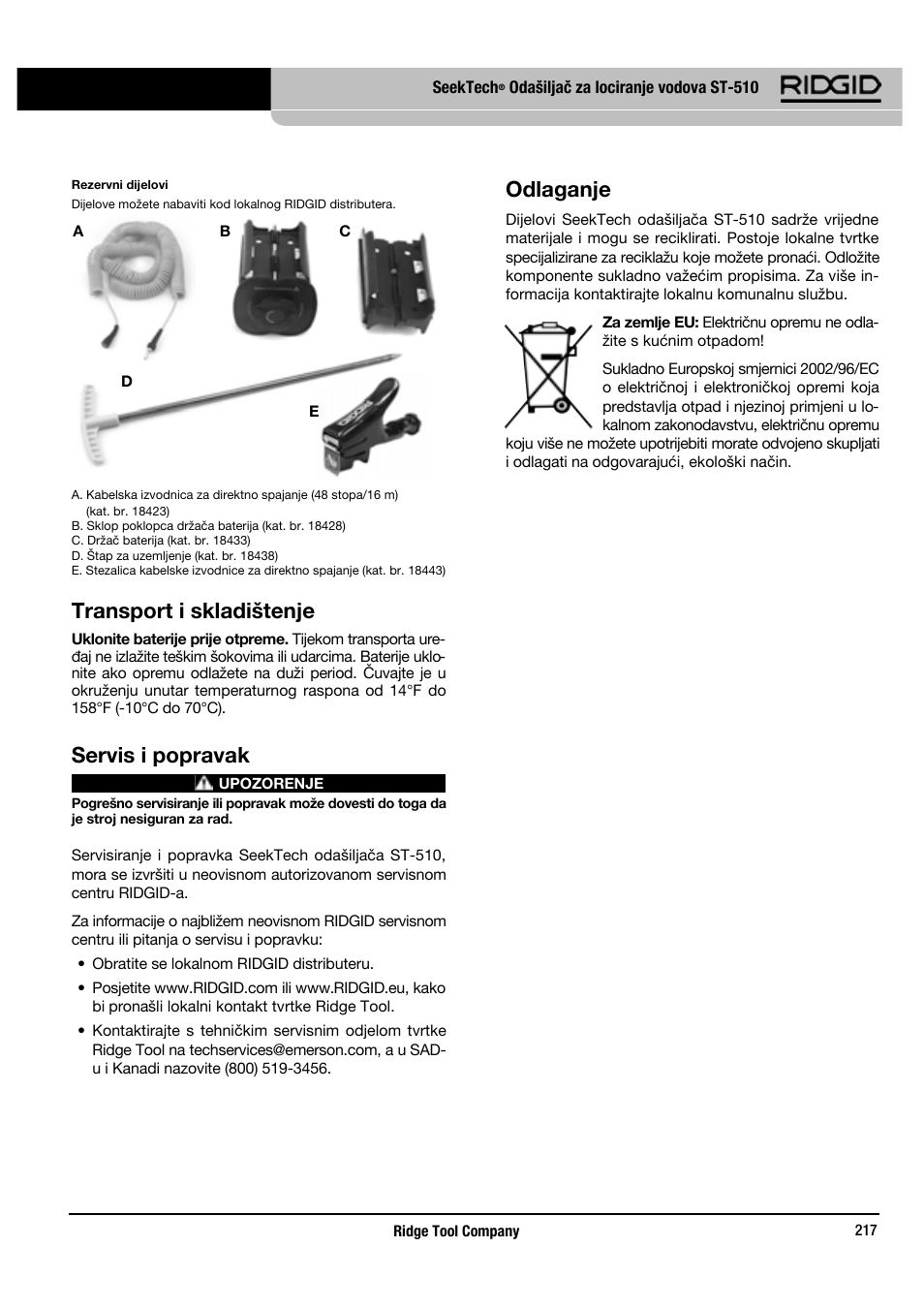 Transport i skladištenje, Servis i popravak, Odlaganje | RIDGID SeekTech ST-510 User Manual | Page 219 / 403