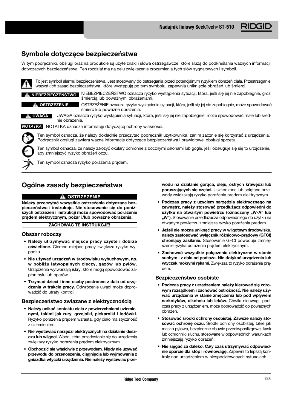 Ogólne zasady bezpieczeństwa, Symbole dotyczące bezpieczeństwa | RIDGID SeekTech ST-510 User Manual | Page 225 / 403