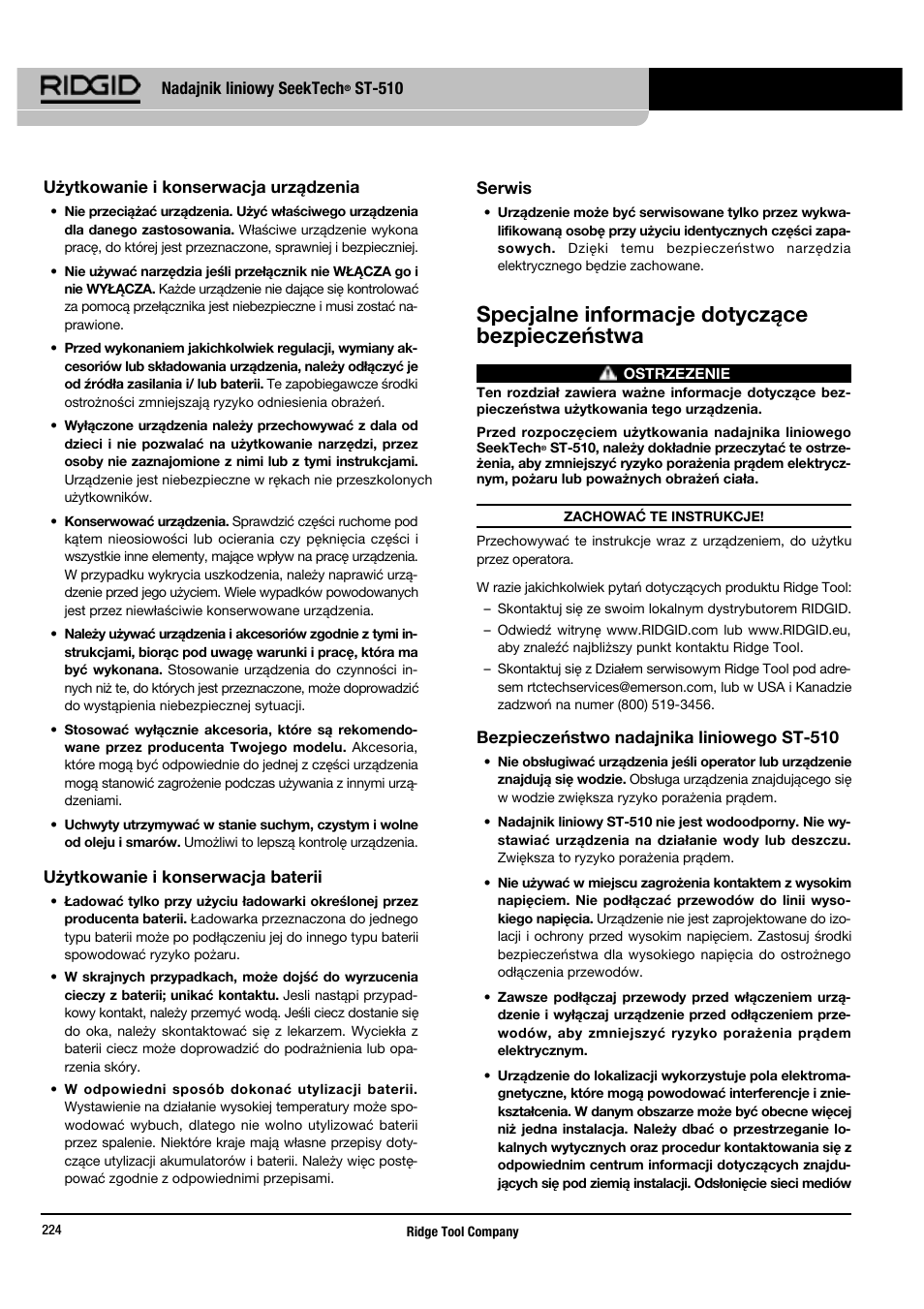 Specjalne informacje dotyczące bezpieczeństwa | RIDGID SeekTech ST-510 User Manual | Page 226 / 403