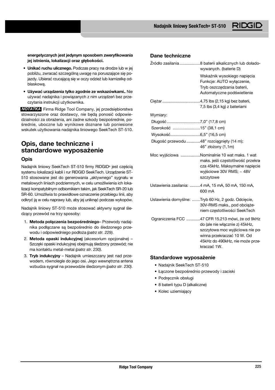 Opis, dane techniczne i standardowe wyposażenie | RIDGID SeekTech ST-510 User Manual | Page 227 / 403