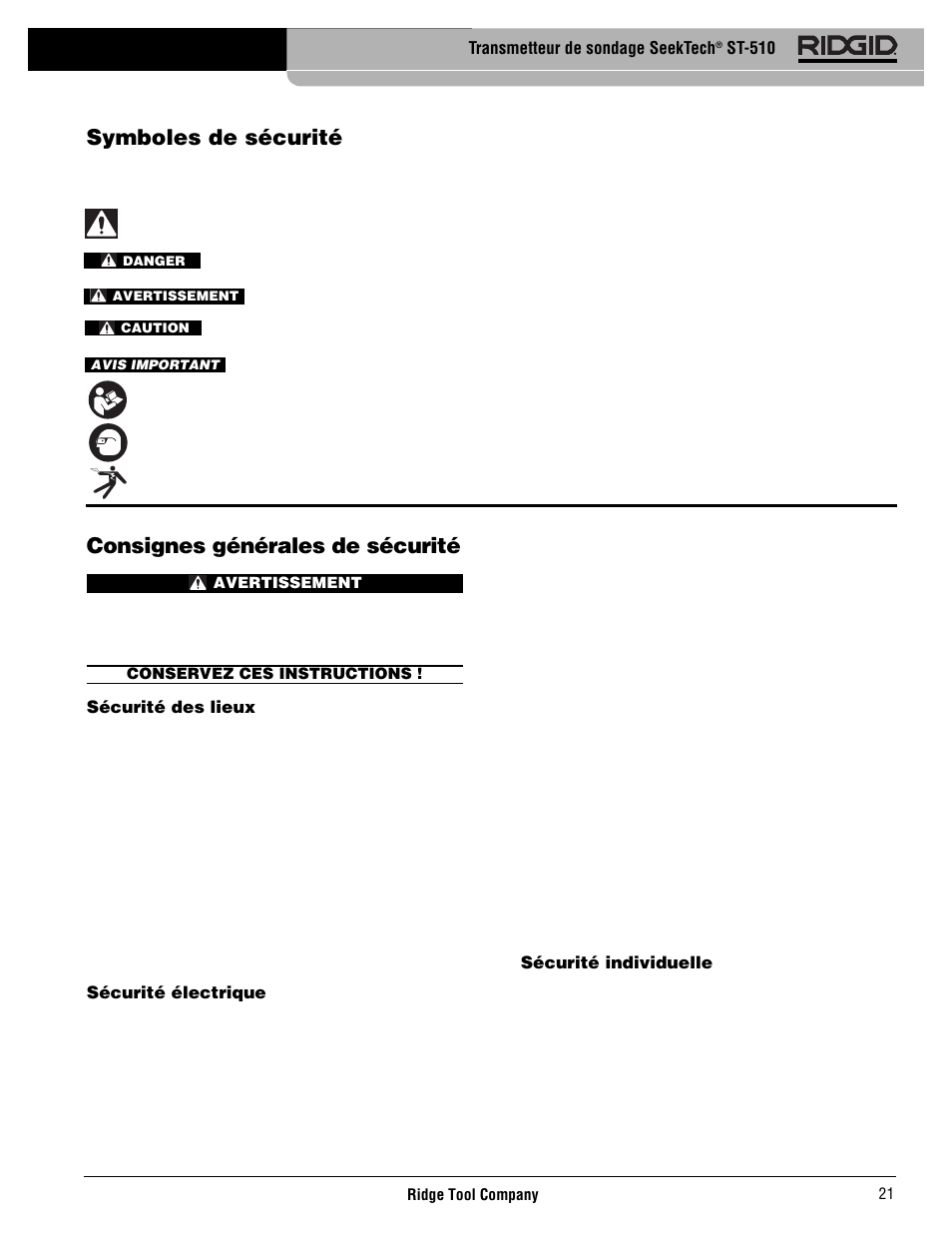 Consignes générales de sécurité, Symboles de sécurité | RIDGID SeekTech ST-510 User Manual | Page 23 / 403