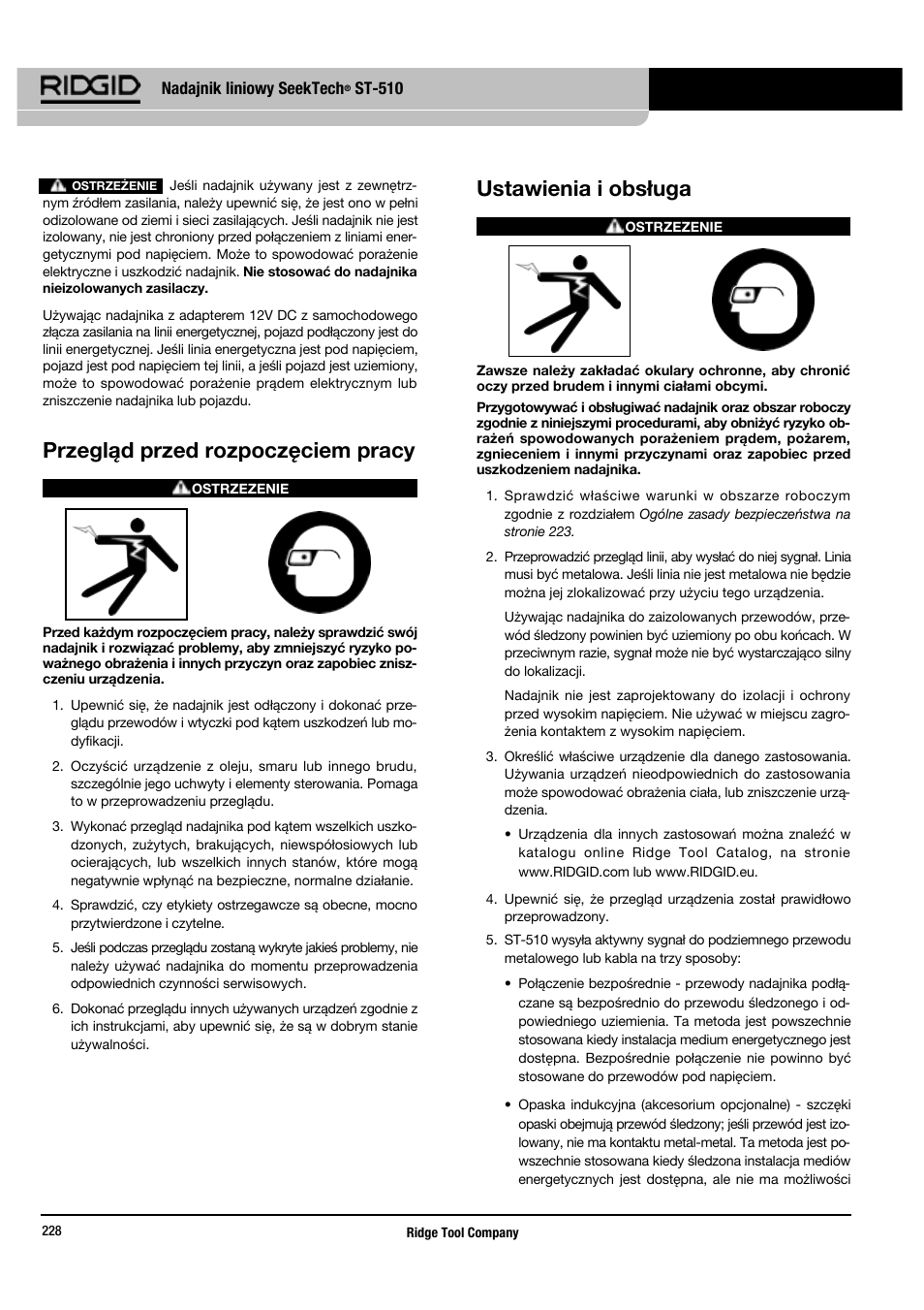 Przegląd przed rozpoczęciem pracy, Ustawienia i obsługa | RIDGID SeekTech ST-510 User Manual | Page 230 / 403