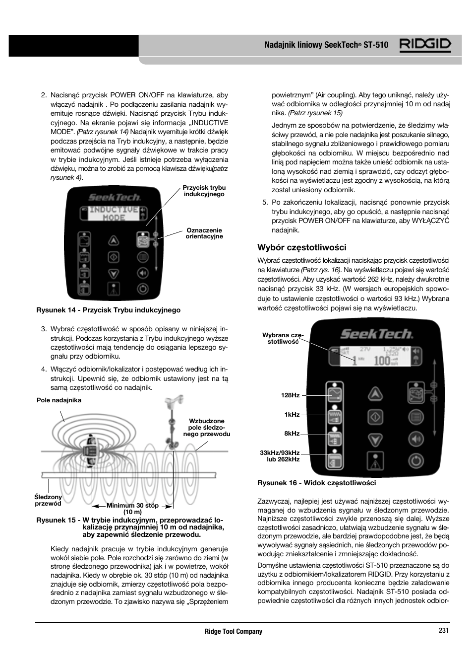 Nadajnik liniowy seektech, St-510, Wybór częstotliwości | RIDGID SeekTech ST-510 User Manual | Page 233 / 403