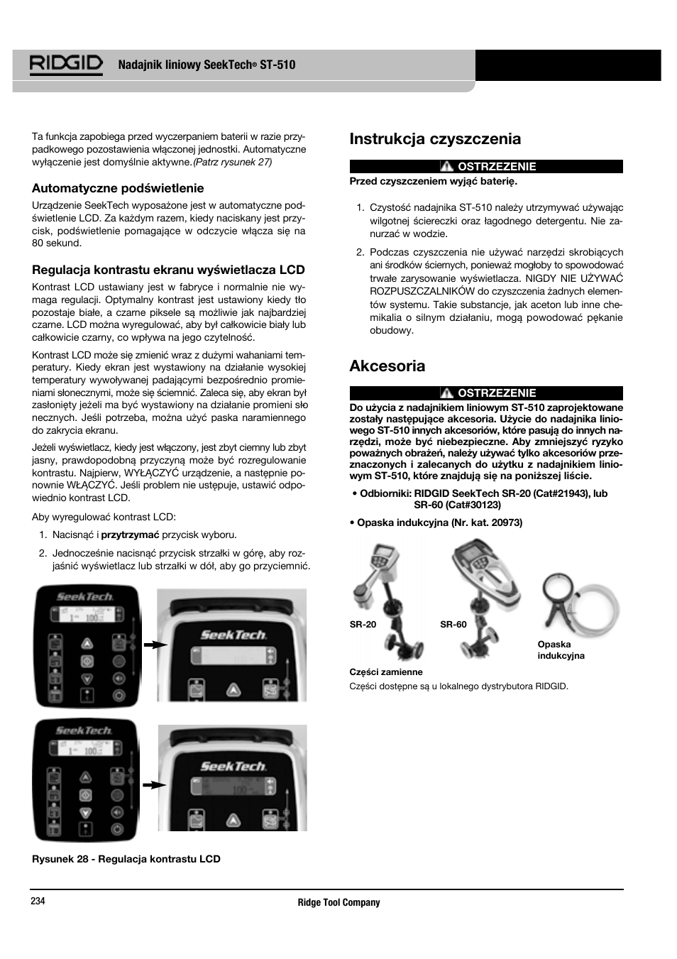 Instrukcja czyszczenia, Akcesoria | RIDGID SeekTech ST-510 User Manual | Page 236 / 403