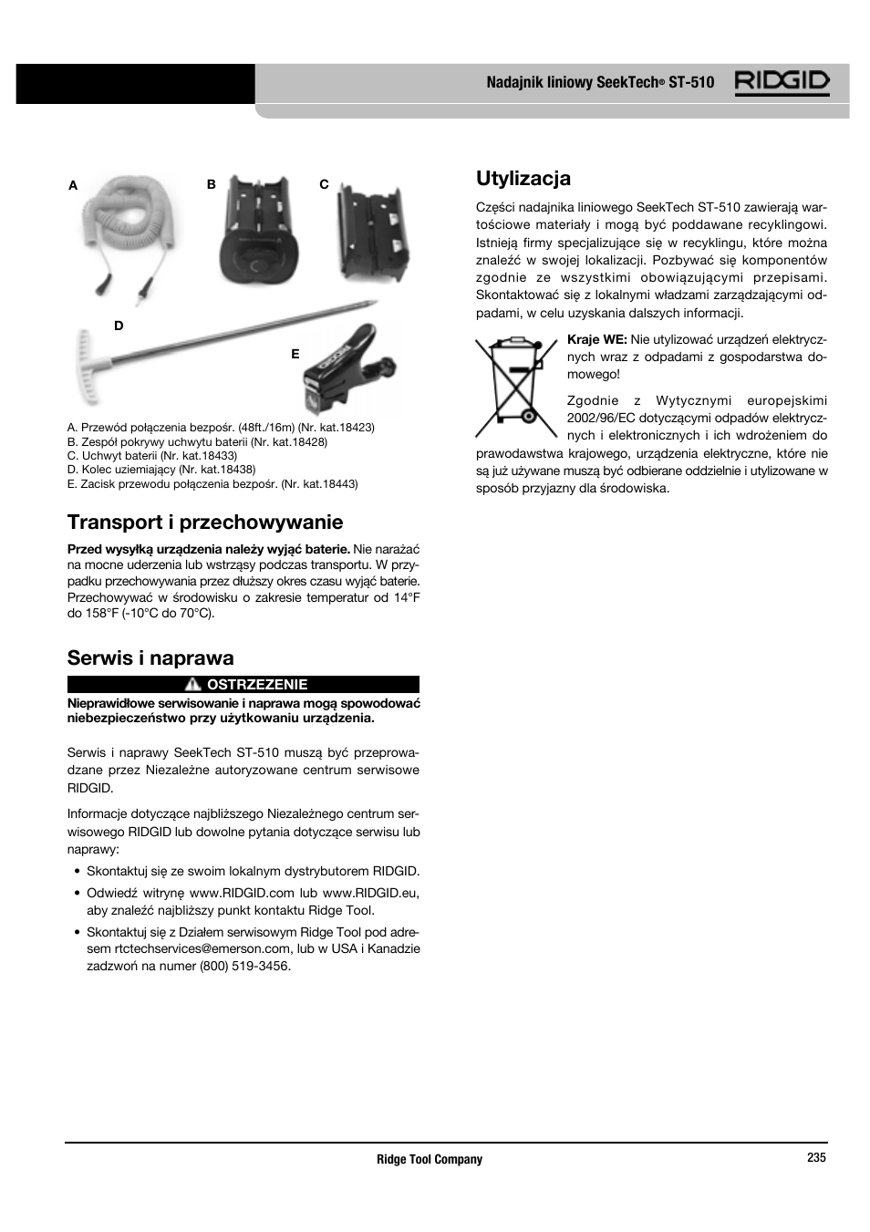 Transport i przechowywanie, Serwis i naprawa, Utylizacja | RIDGID SeekTech ST-510 User Manual | Page 237 / 403