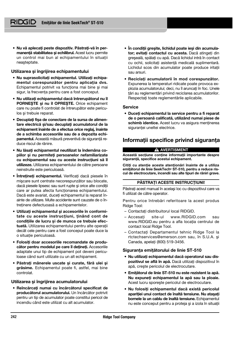 Informaţii specifice privind siguranţa | RIDGID SeekTech ST-510 User Manual | Page 244 / 403