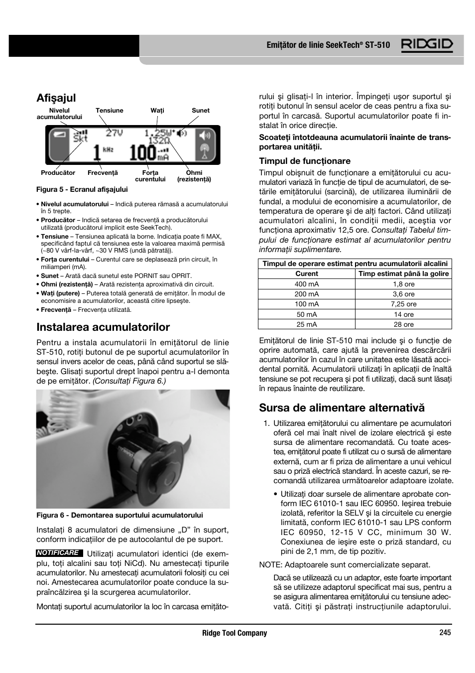 Instalarea acumulatorilor, Sursa de alimentare alternativă, Afişajul | RIDGID SeekTech ST-510 User Manual | Page 247 / 403