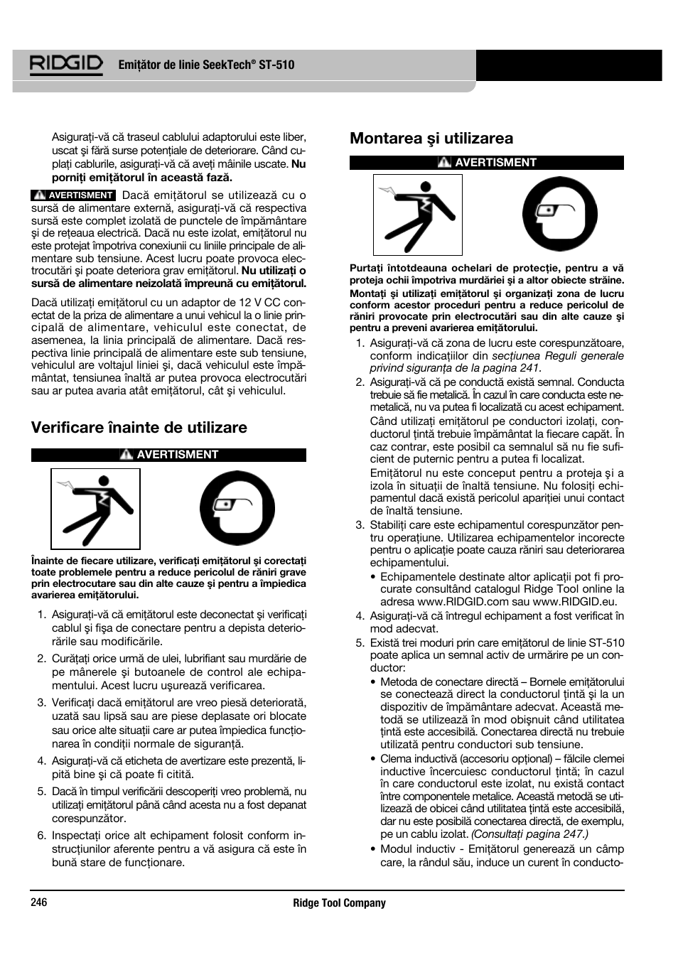 Verificare înainte de utilizare, Montarea şi utilizarea | RIDGID SeekTech ST-510 User Manual | Page 248 / 403