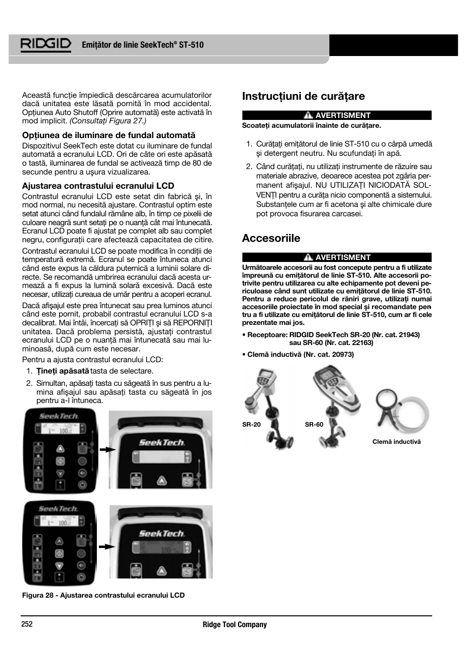 Instrucţiuni de curăţare, Accesoriile | RIDGID SeekTech ST-510 User Manual | Page 254 / 403