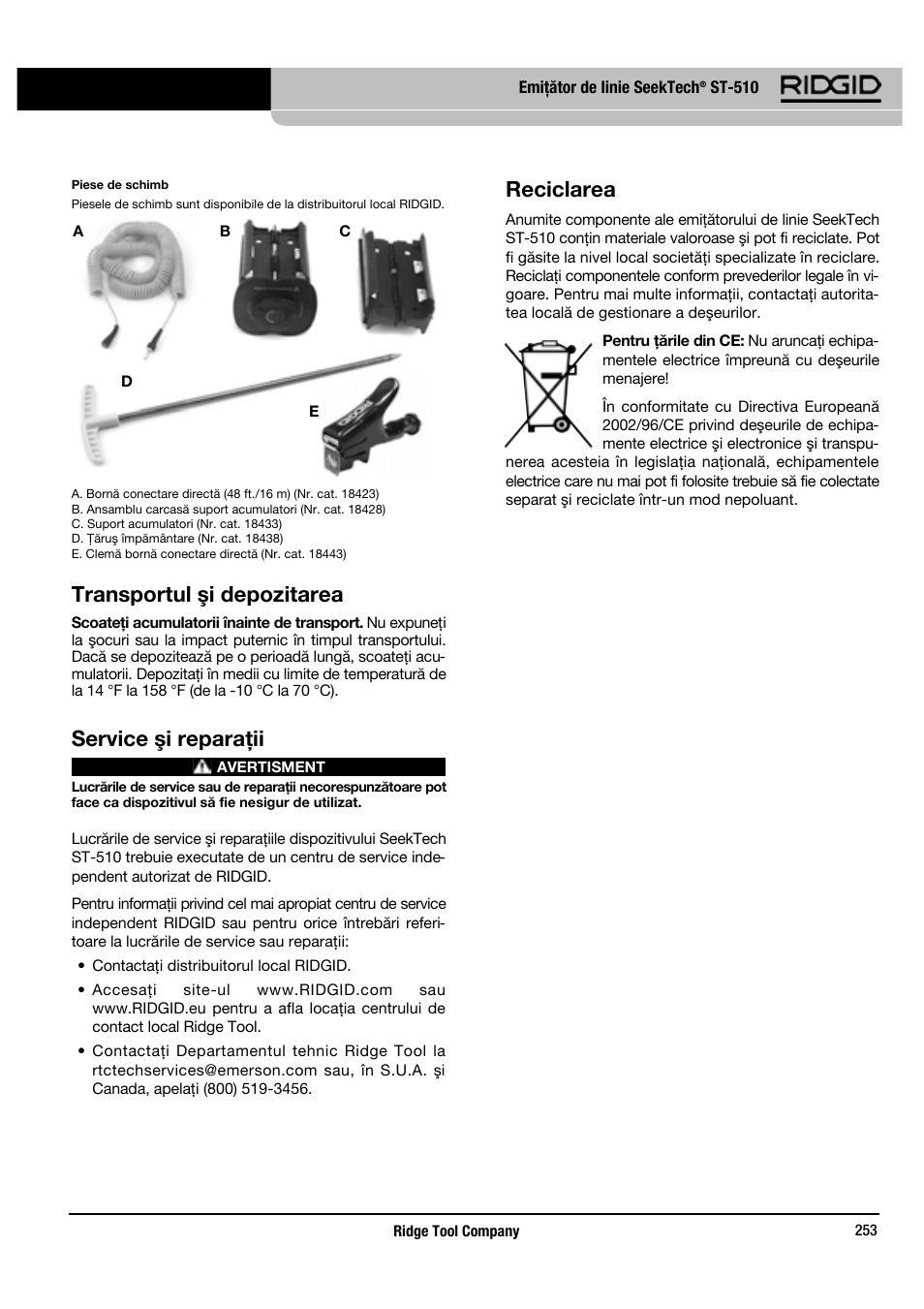 Transportul şi depozitarea, Service şi reparaţii, Reciclarea | RIDGID SeekTech ST-510 User Manual | Page 255 / 403