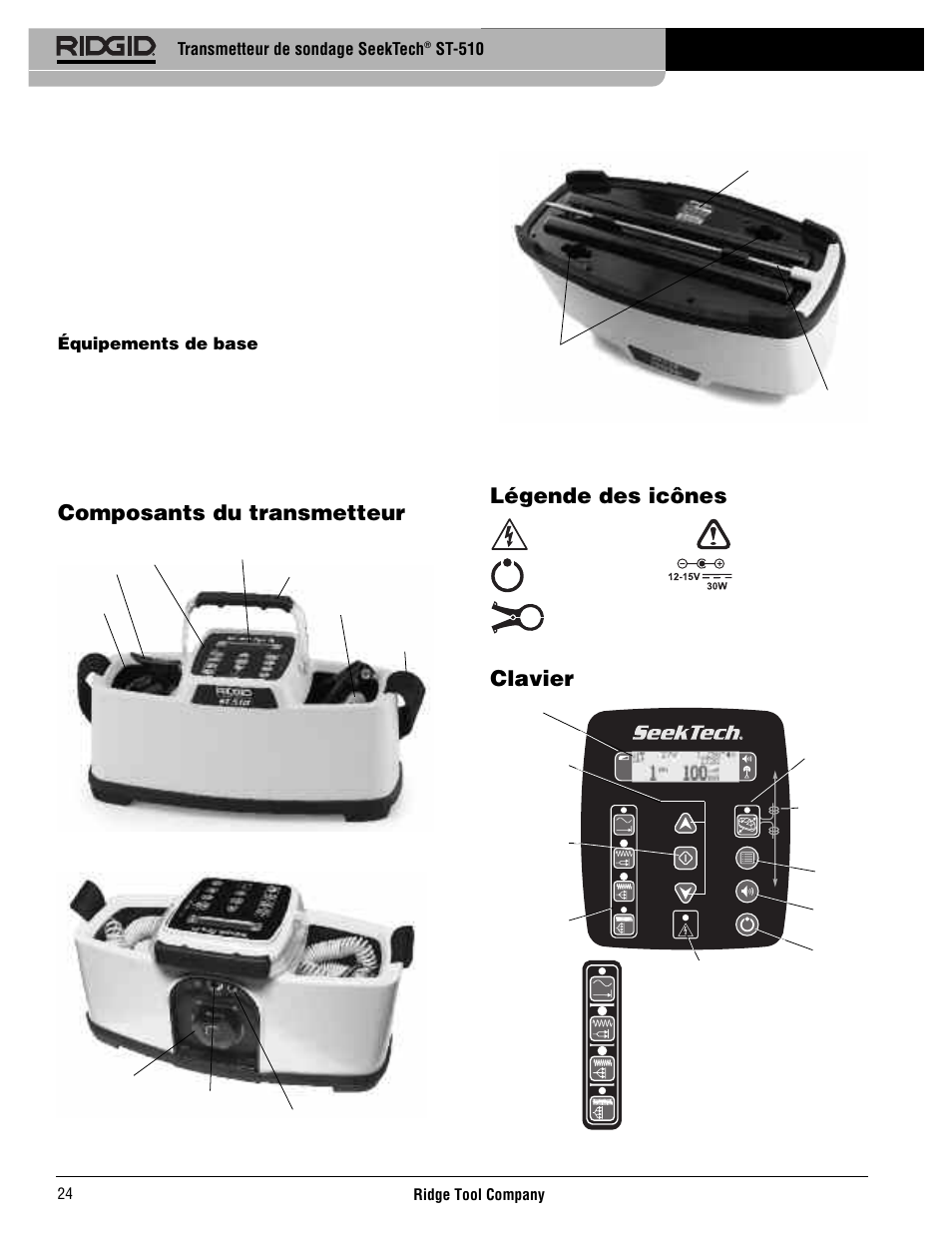 Composants du transmetteur, Légende des icônes, Clavier | Transmetteur de sondage seektech, St-510, Équipements de base | RIDGID SeekTech ST-510 User Manual | Page 26 / 403