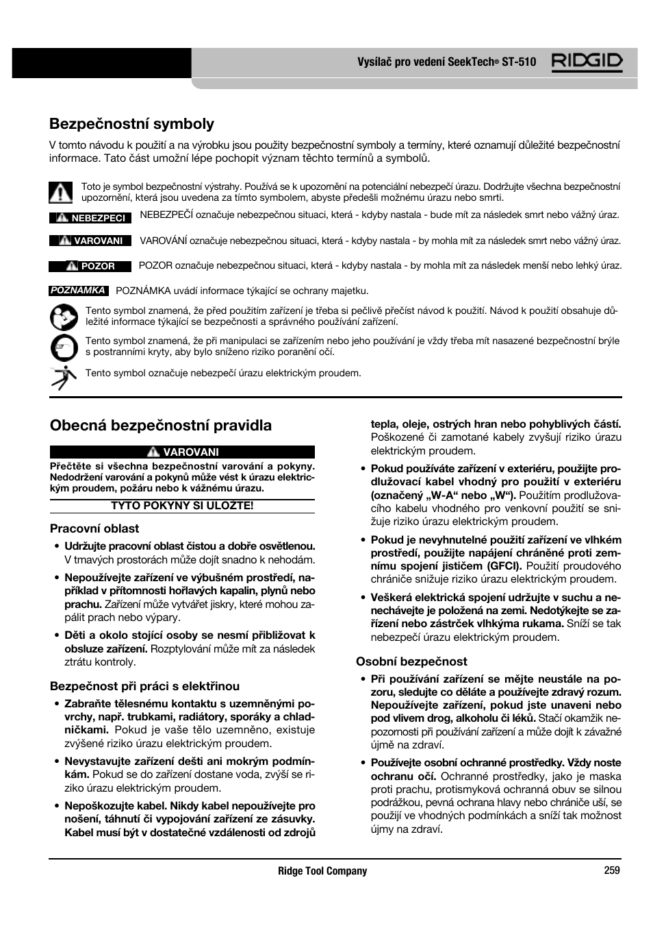 Obecná bezpečnostní pravidla, Bezpečnostní symboly | RIDGID SeekTech ST-510 User Manual | Page 261 / 403