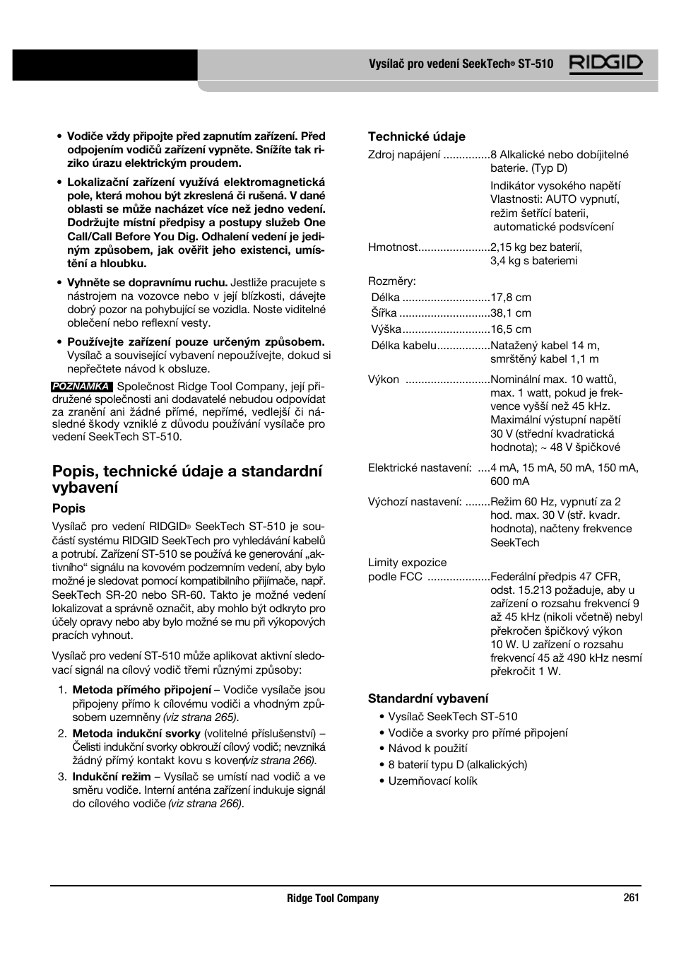 Popis, technické údaje a standardní vybavení | RIDGID SeekTech ST-510 User Manual | Page 263 / 403