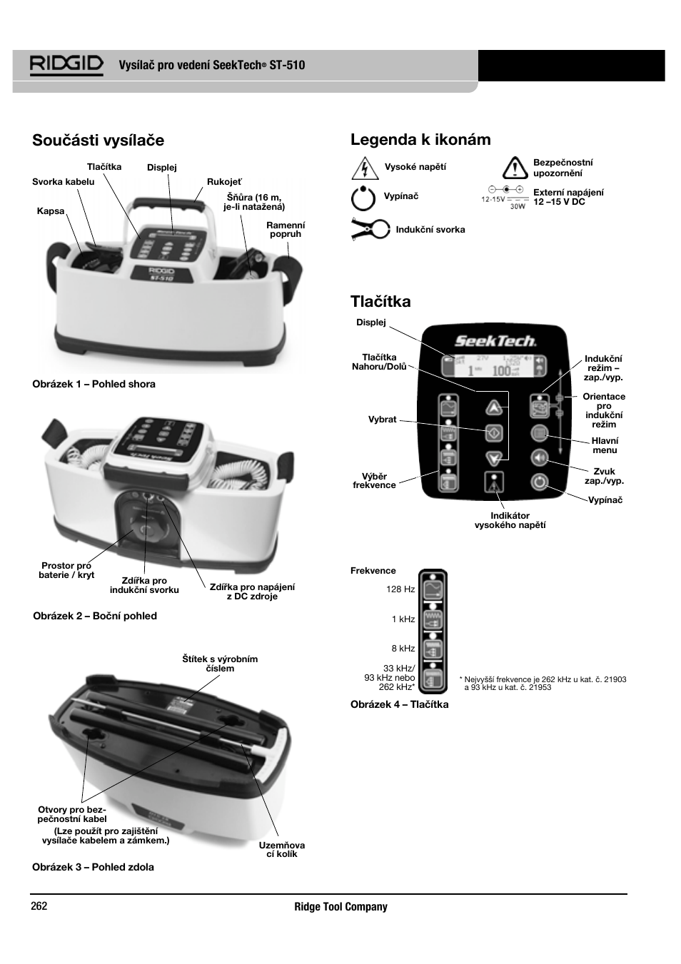 Součásti vysílače, Legenda k ikonám, Tlačítka | Vysílač pro vedení seektech, St-510 | RIDGID SeekTech ST-510 User Manual | Page 264 / 403