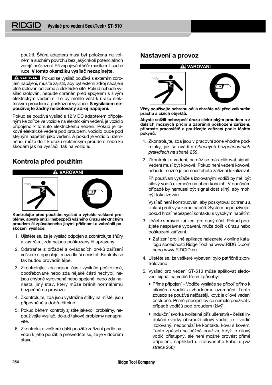 Kontrola před použitím, Nastavení a provoz | RIDGID SeekTech ST-510 User Manual | Page 266 / 403