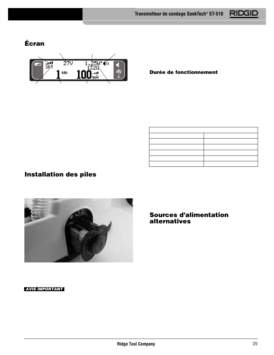 Installation des piles, Sources d’alimentation alternatives, Écran | RIDGID SeekTech ST-510 User Manual | Page 27 / 403