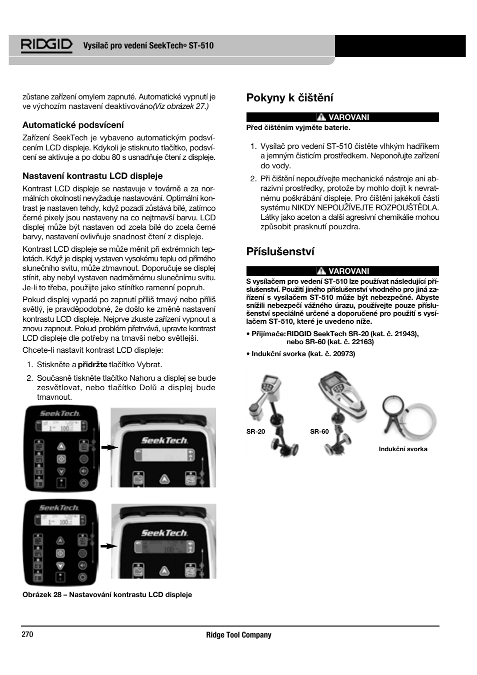 Pokyny k čištění, Příslušenství | RIDGID SeekTech ST-510 User Manual | Page 272 / 403