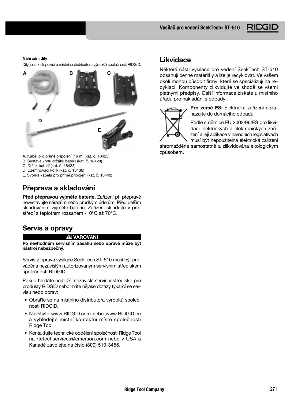 Přeprava a skladování, Servis a opravy, Likvidace | RIDGID SeekTech ST-510 User Manual | Page 273 / 403