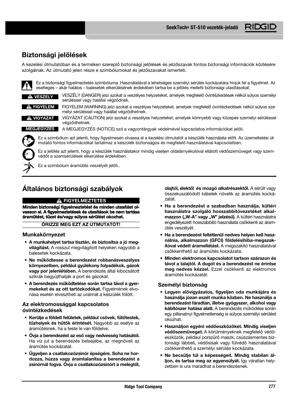 Általános biztonsági szabályok, Biztonsági jelölések | RIDGID SeekTech ST-510 User Manual | Page 279 / 403