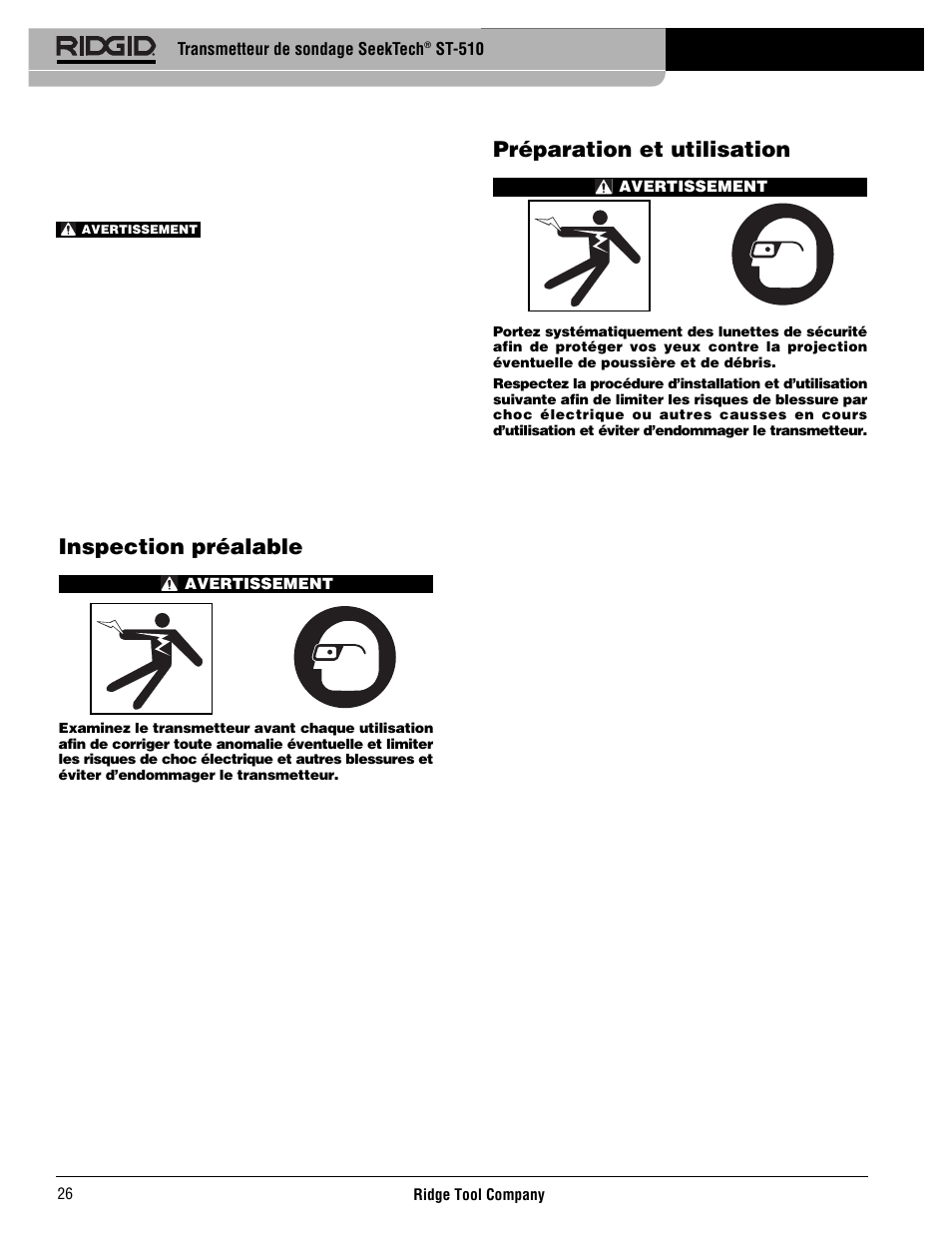 Inspection préalable, Préparation et utilisation | RIDGID SeekTech ST-510 User Manual | Page 28 / 403