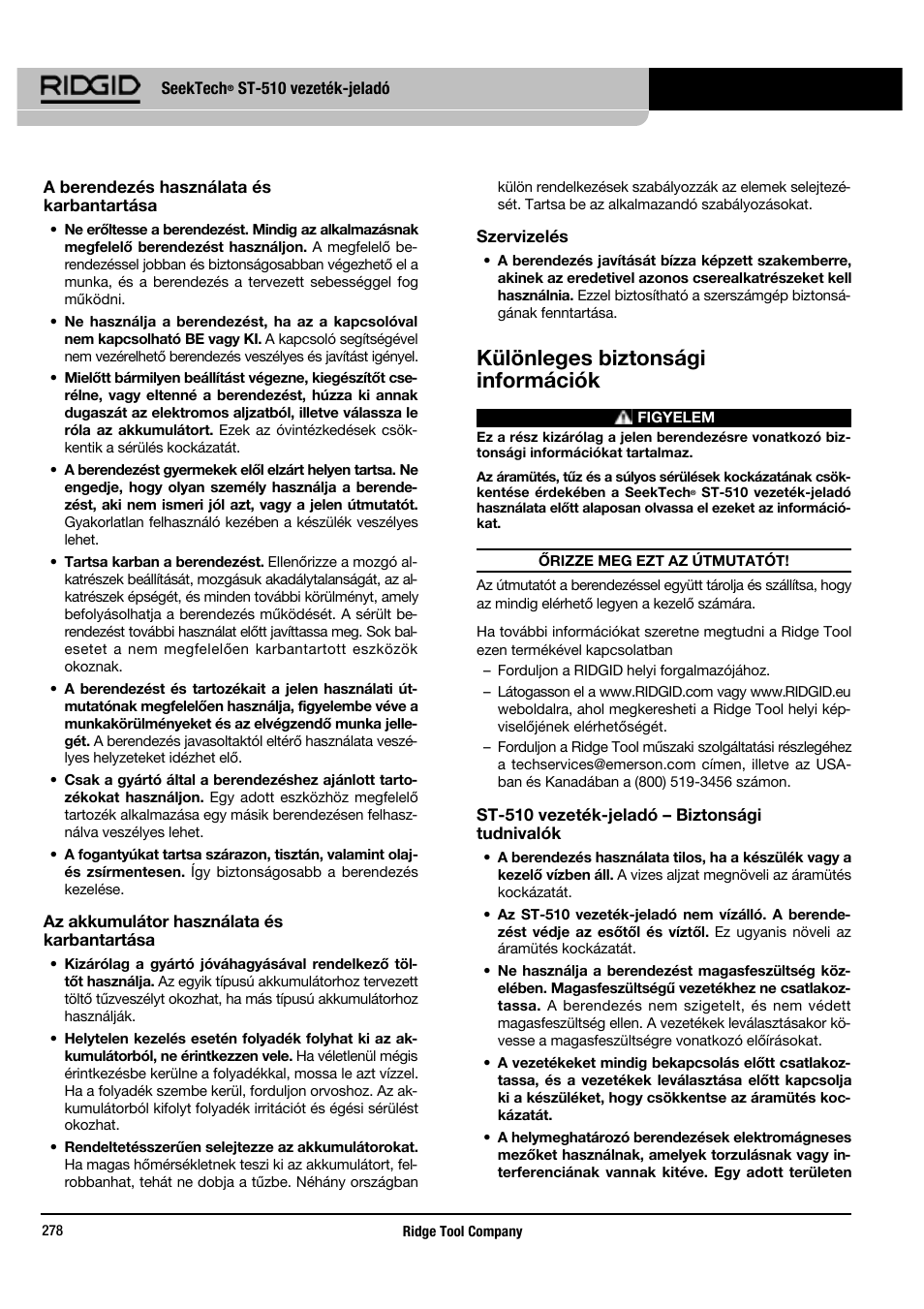 Különleges biztonsági információk | RIDGID SeekTech ST-510 User Manual | Page 280 / 403