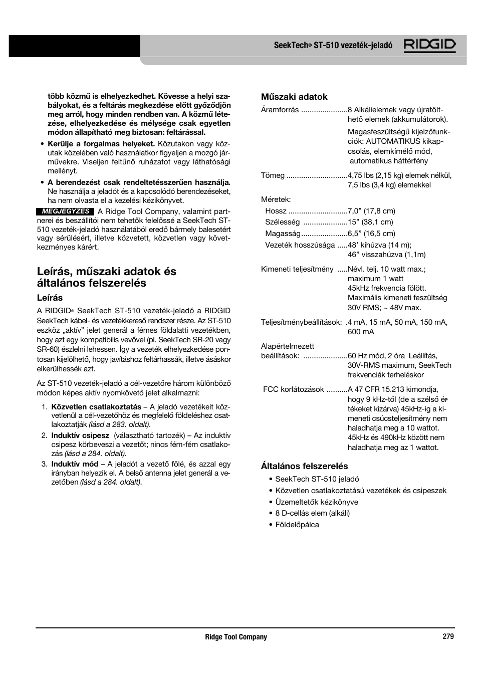 Leírás, műszaki adatok és általános felszerelés | RIDGID SeekTech ST-510 User Manual | Page 281 / 403