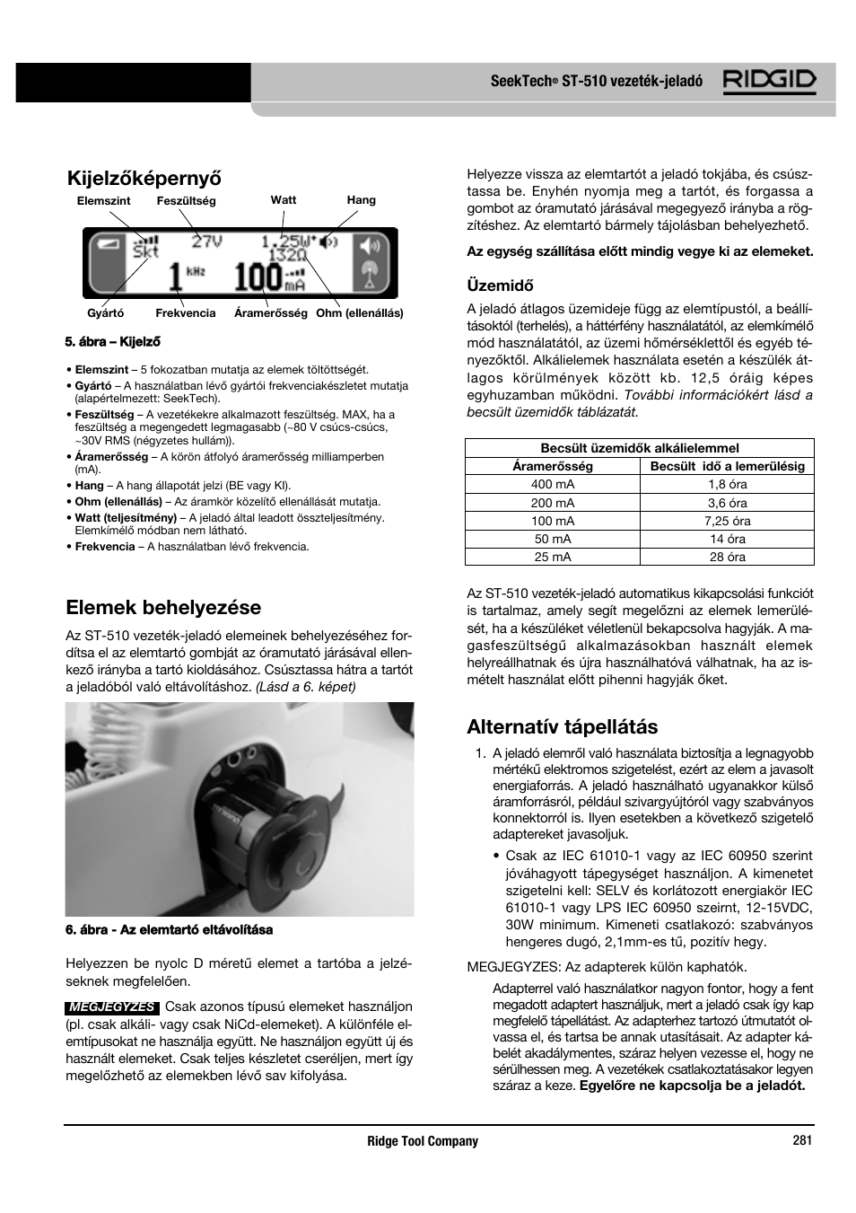 Elemek behelyezése, Alternatív tápellátás, Kijelzőképernyő | RIDGID SeekTech ST-510 User Manual | Page 283 / 403