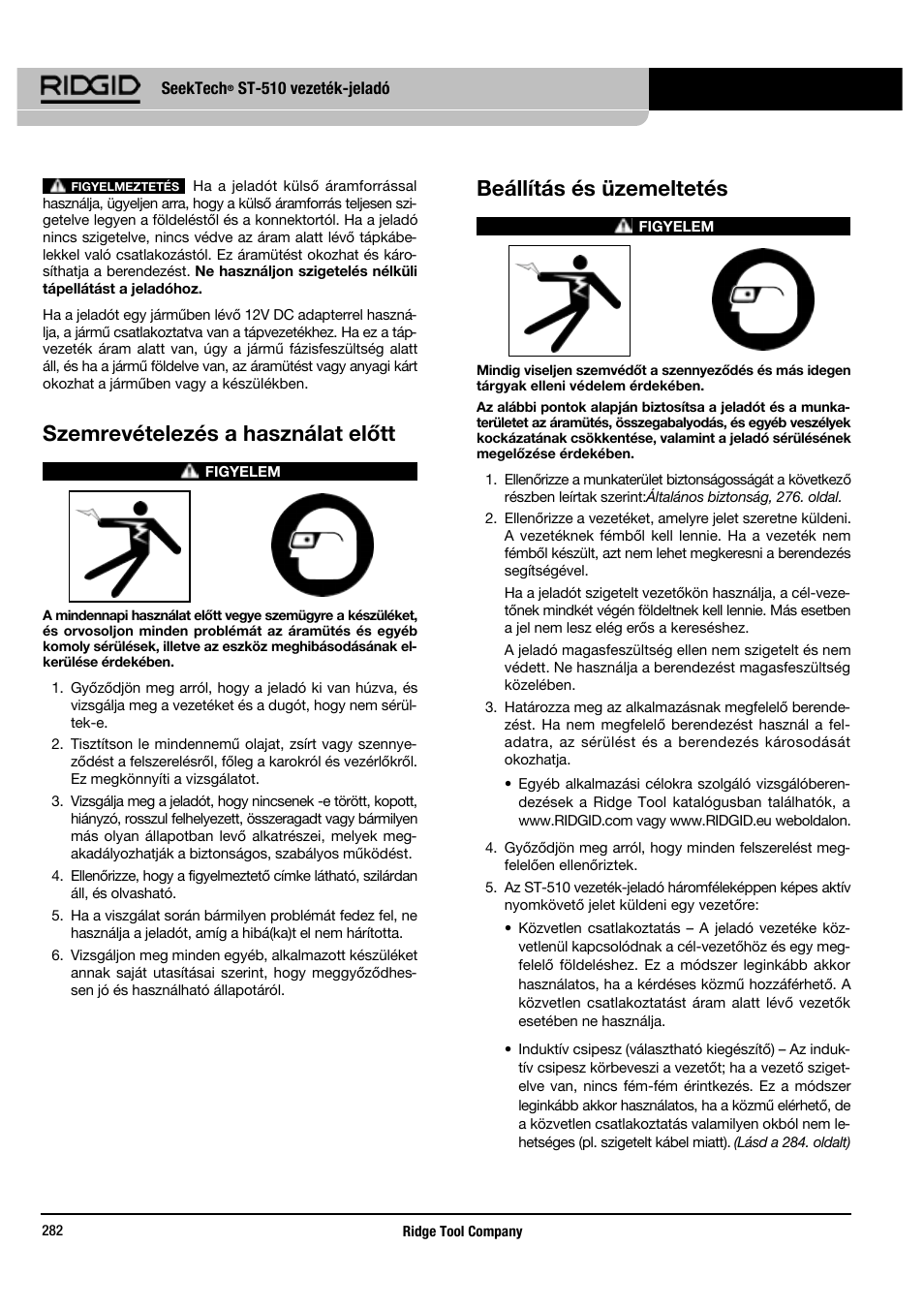 Szemrevételezés a használat előtt, Beállítás és üzemeltetés | RIDGID SeekTech ST-510 User Manual | Page 284 / 403
