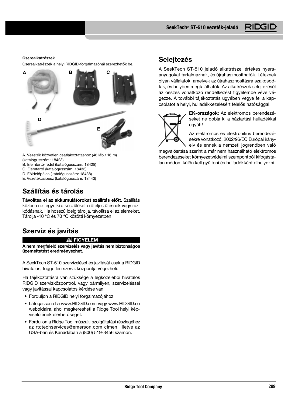 Szállítás és tárolás, Szerviz és javítás, Selejtezés | RIDGID SeekTech ST-510 User Manual | Page 291 / 403