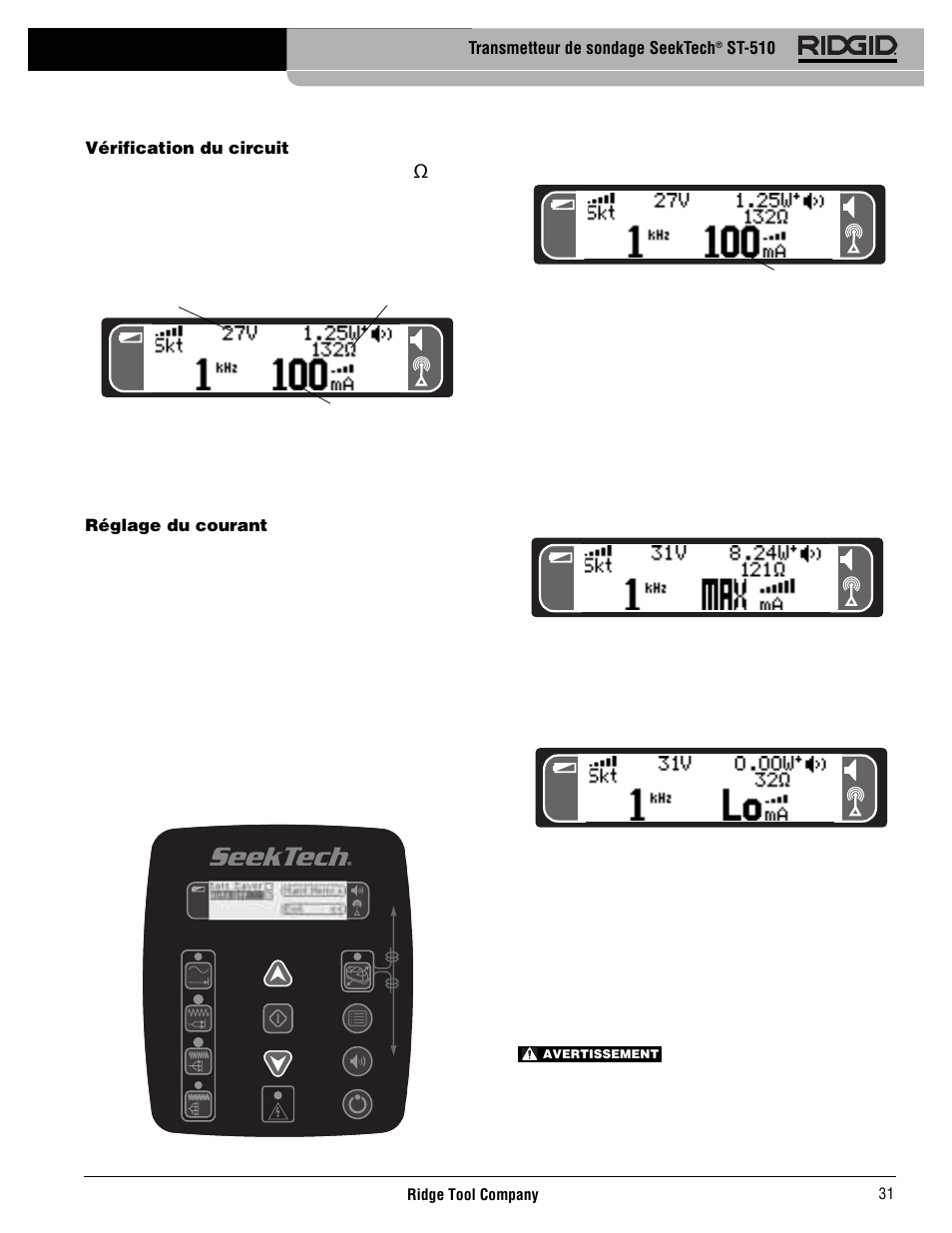 Transmetteur de sondage seektech, St-510, Vérification du circuit | Réglage du courant | RIDGID SeekTech ST-510 User Manual | Page 33 / 403