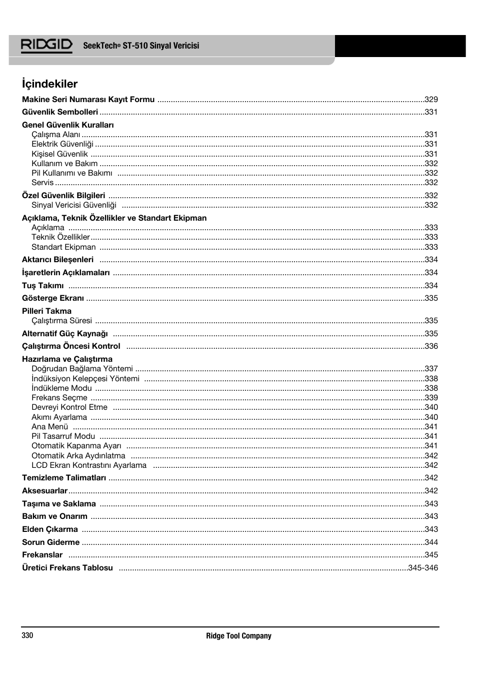 Içindekiler | RIDGID SeekTech ST-510 User Manual | Page 332 / 403