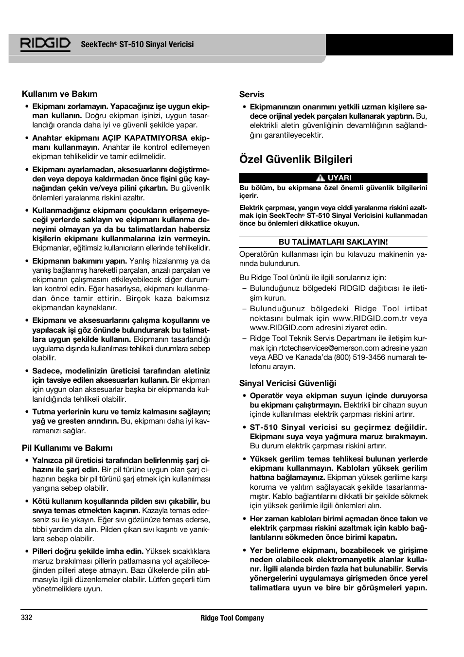 Özel güvenlik bilgileri | RIDGID SeekTech ST-510 User Manual | Page 334 / 403