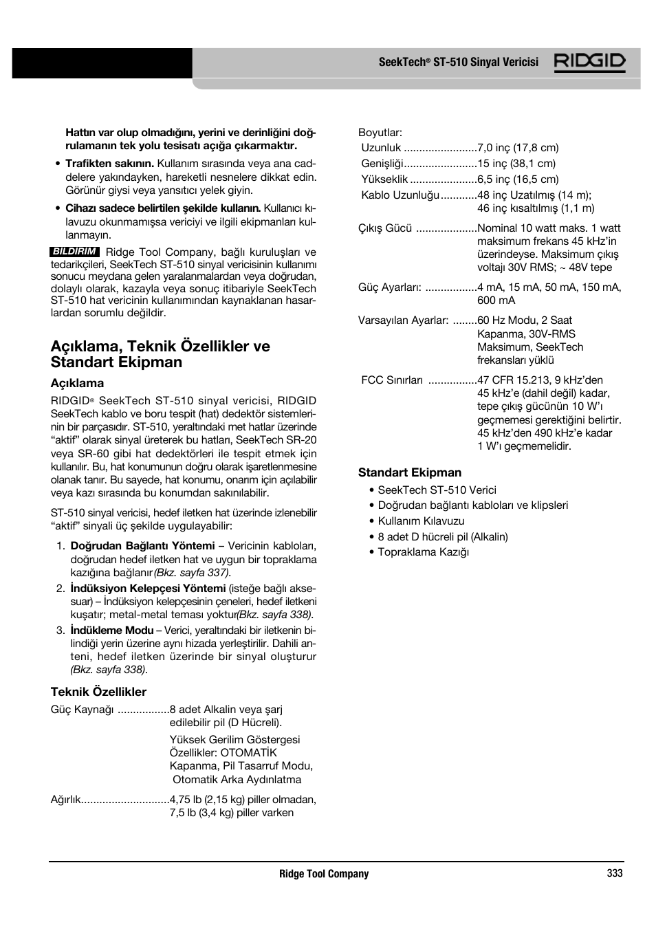 Açıklama, teknik özellikler ve standart ekipman | RIDGID SeekTech ST-510 User Manual | Page 335 / 403