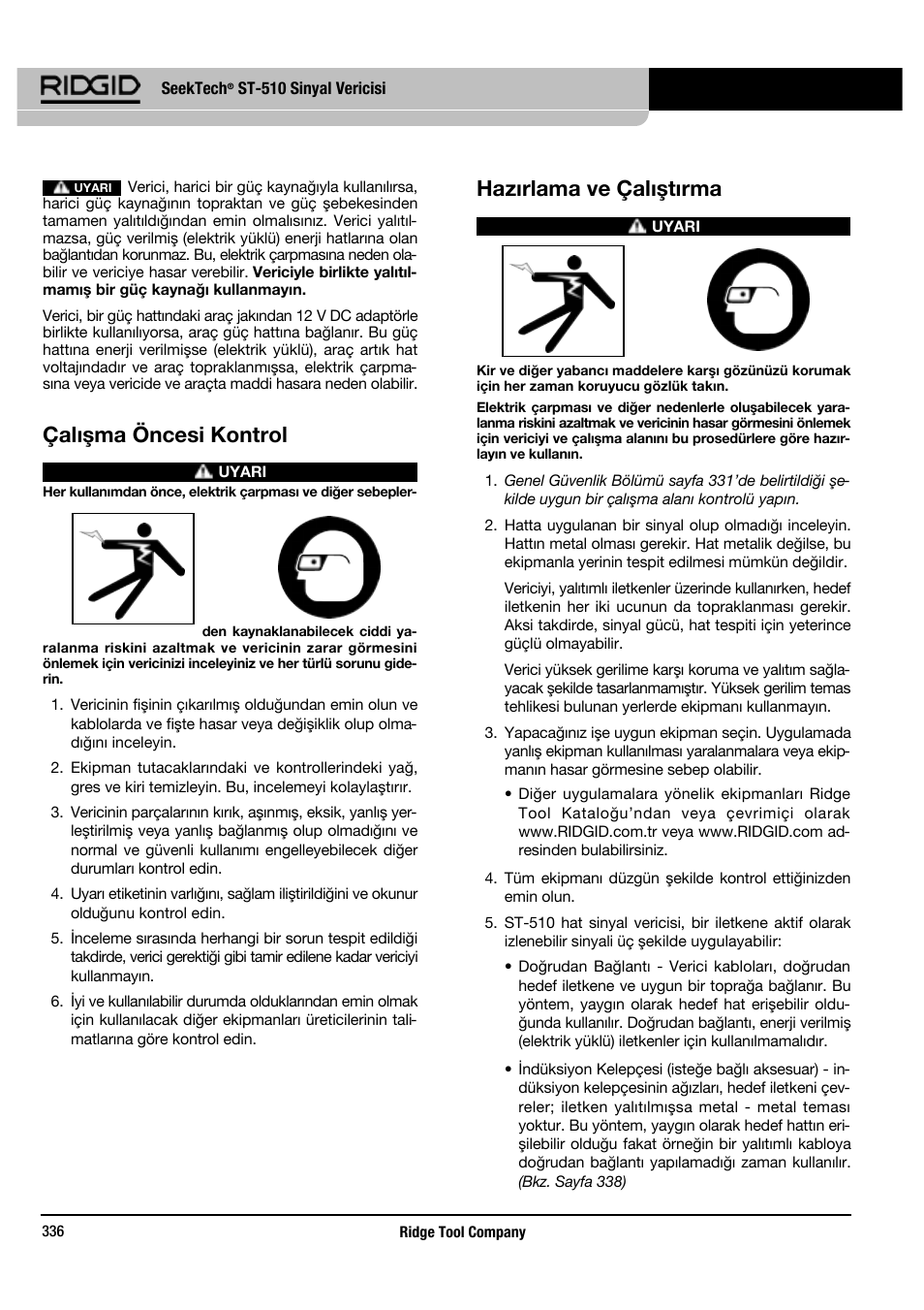 Çalışma öncesi kontrol, Hazırlama ve çalıştırma | RIDGID SeekTech ST-510 User Manual | Page 338 / 403