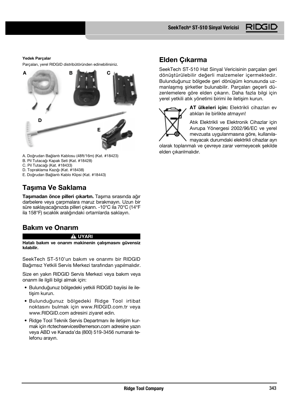 Taşıma ve saklama, Bakım ve onarım, Elden çıkarma | RIDGID SeekTech ST-510 User Manual | Page 345 / 403