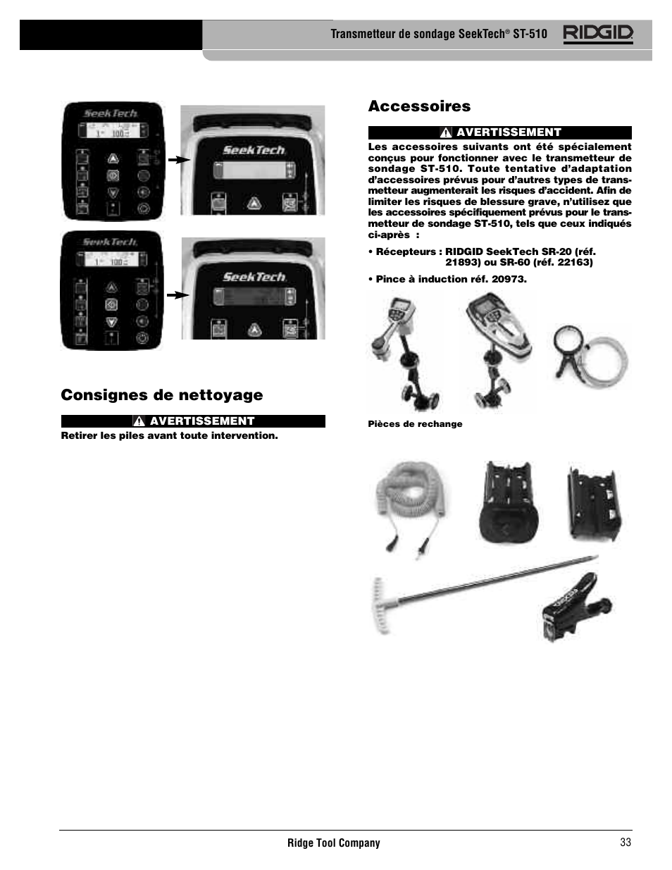 Consignes de nettoyage, Accessoires | RIDGID SeekTech ST-510 User Manual | Page 35 / 403