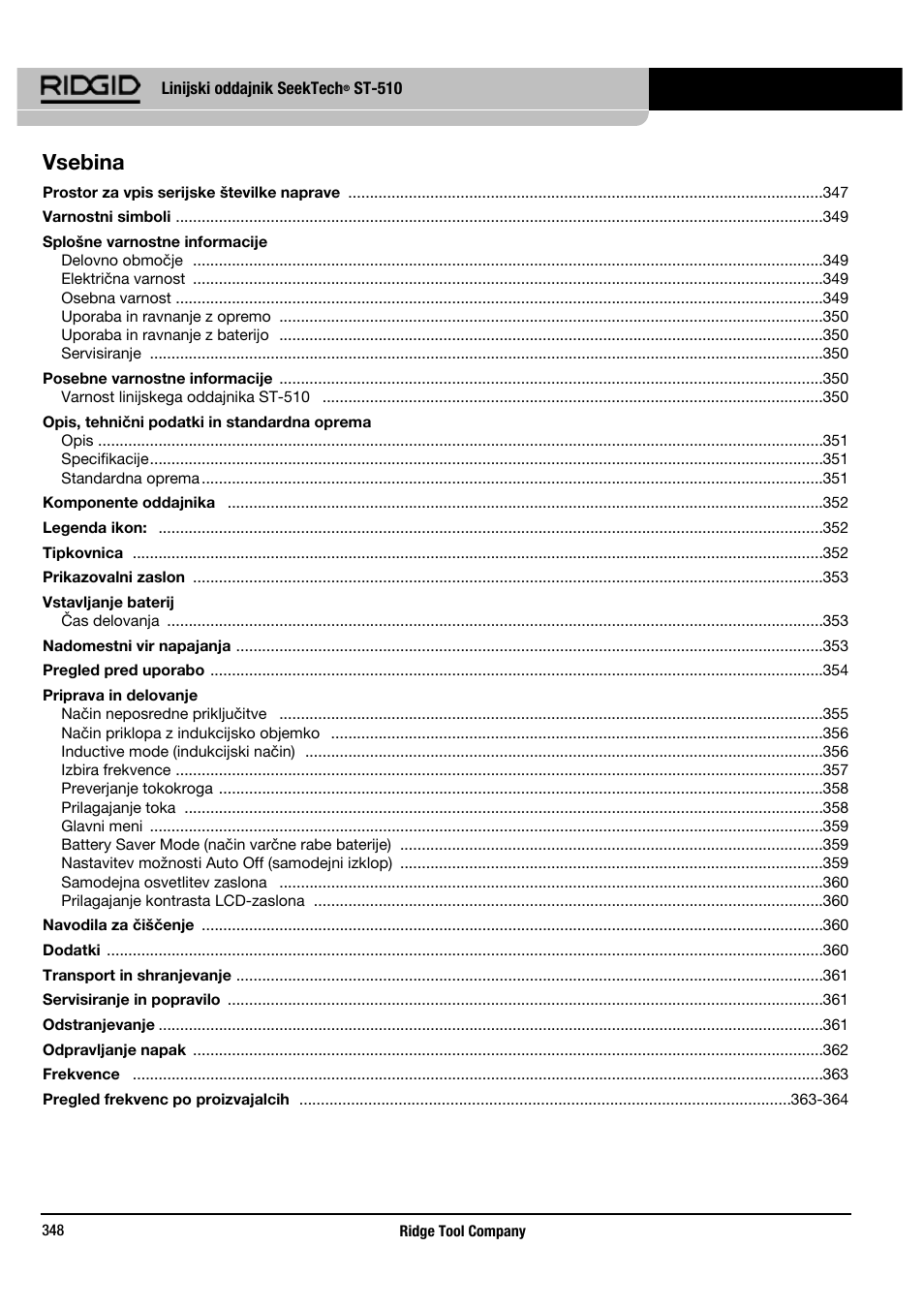 Vsebina | RIDGID SeekTech ST-510 User Manual | Page 350 / 403