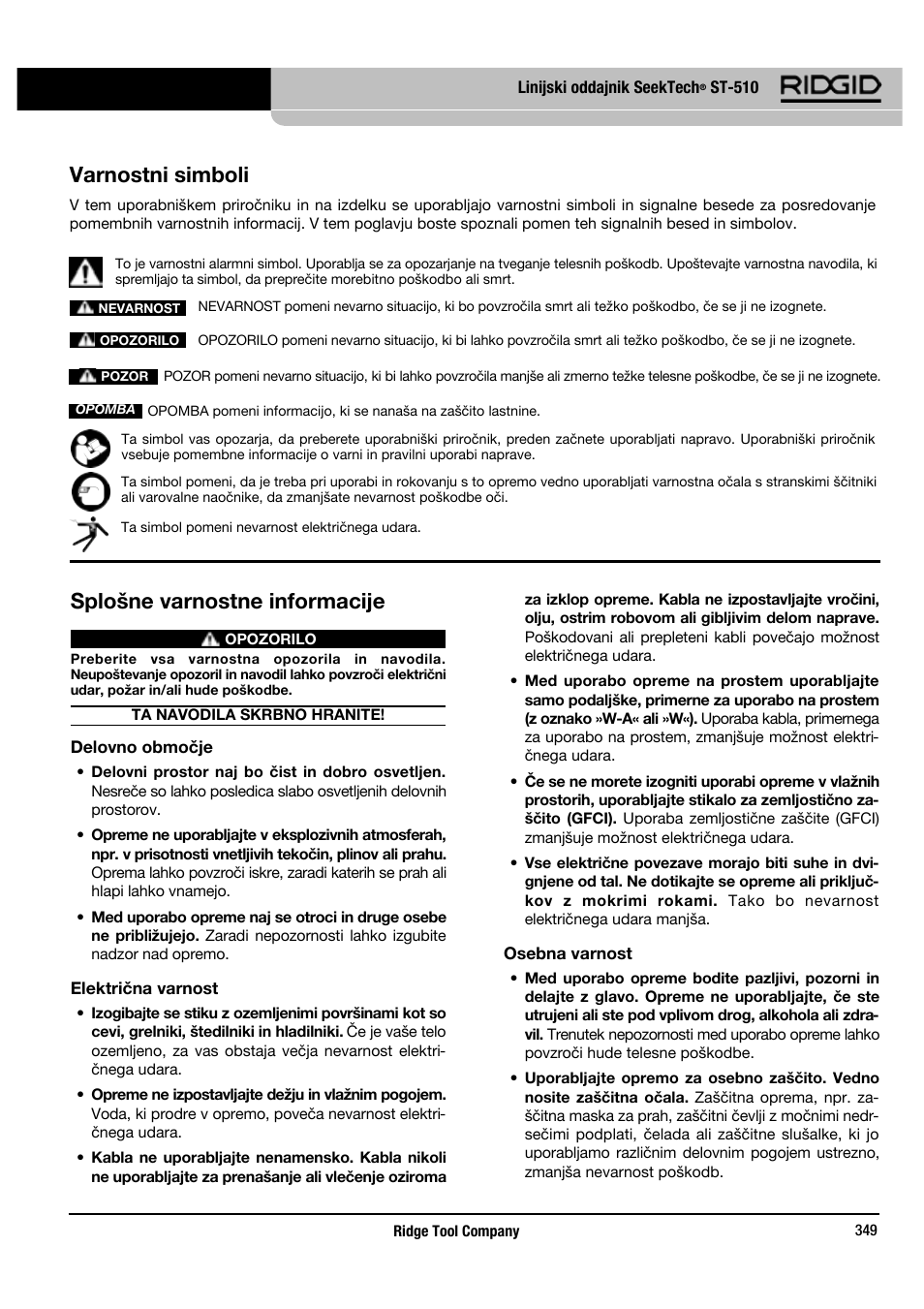 Splošne varnostne informacije, Varnostni simboli | RIDGID SeekTech ST-510 User Manual | Page 351 / 403