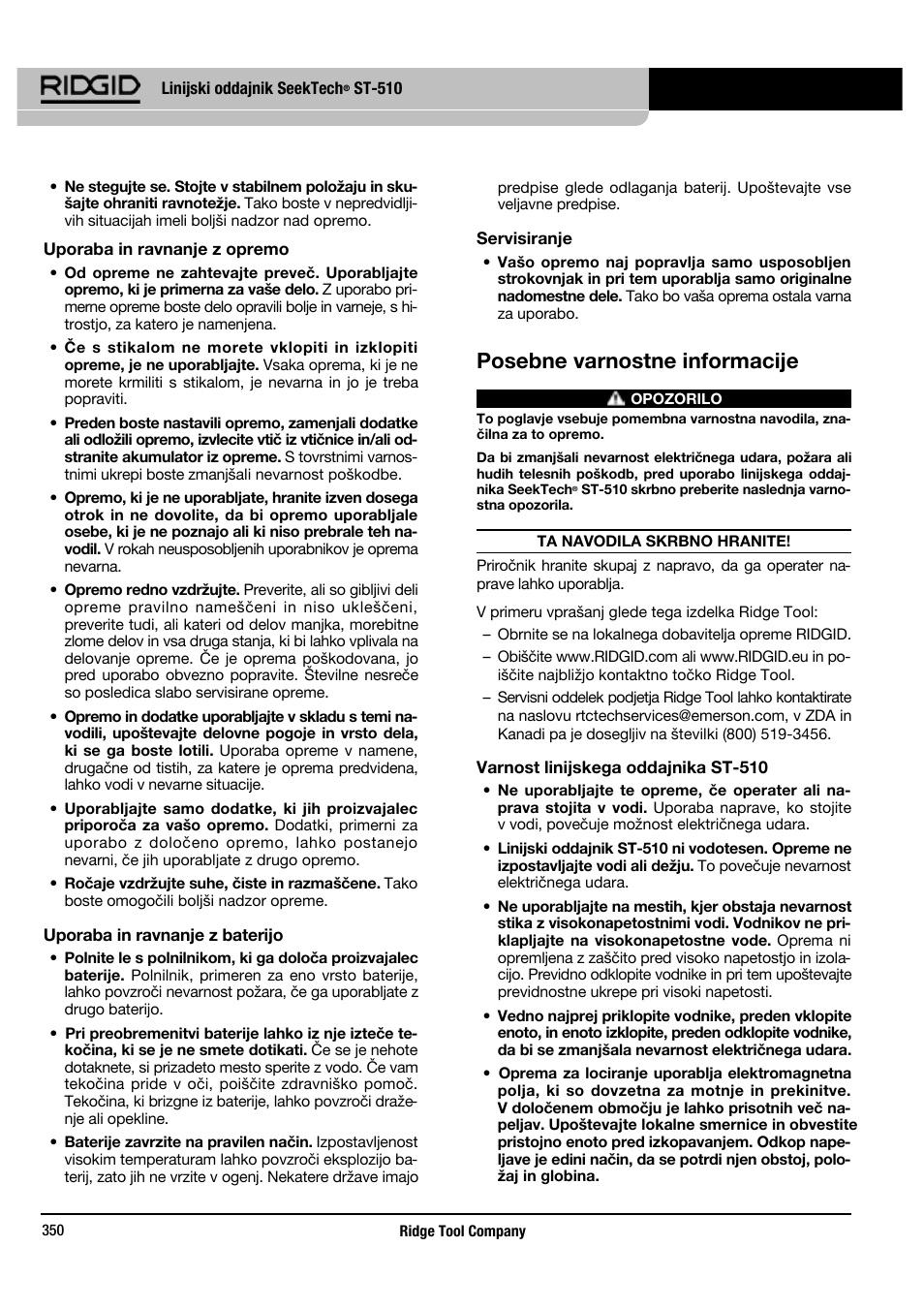 Posebne varnostne informacije | RIDGID SeekTech ST-510 User Manual | Page 352 / 403