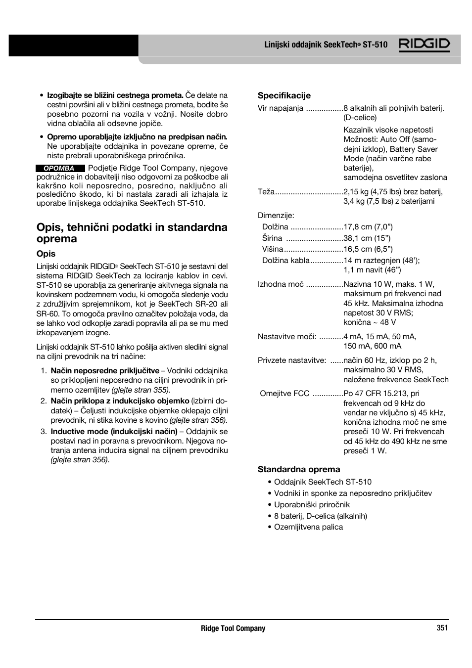 Opis, tehnični podatki in standardna oprema | RIDGID SeekTech ST-510 User Manual | Page 353 / 403