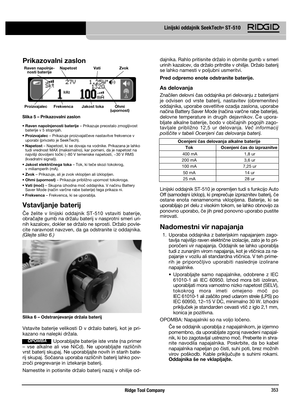 Vstavljanje baterij, Nadomestni vir napajanja, Prikazovalni zaslon | RIDGID SeekTech ST-510 User Manual | Page 355 / 403