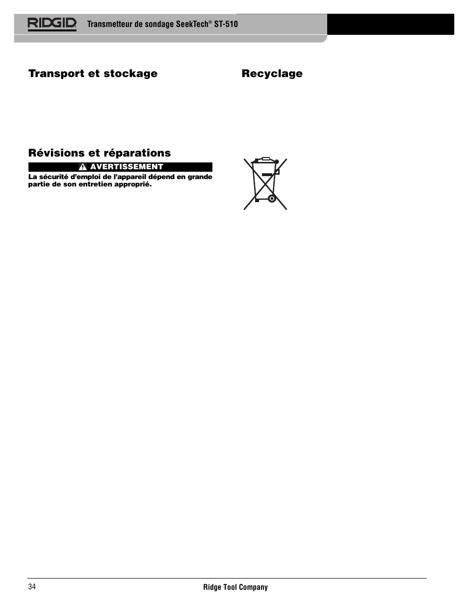 Transport et stockage, Révisions et réparations, Recyclage | RIDGID SeekTech ST-510 User Manual | Page 36 / 403
